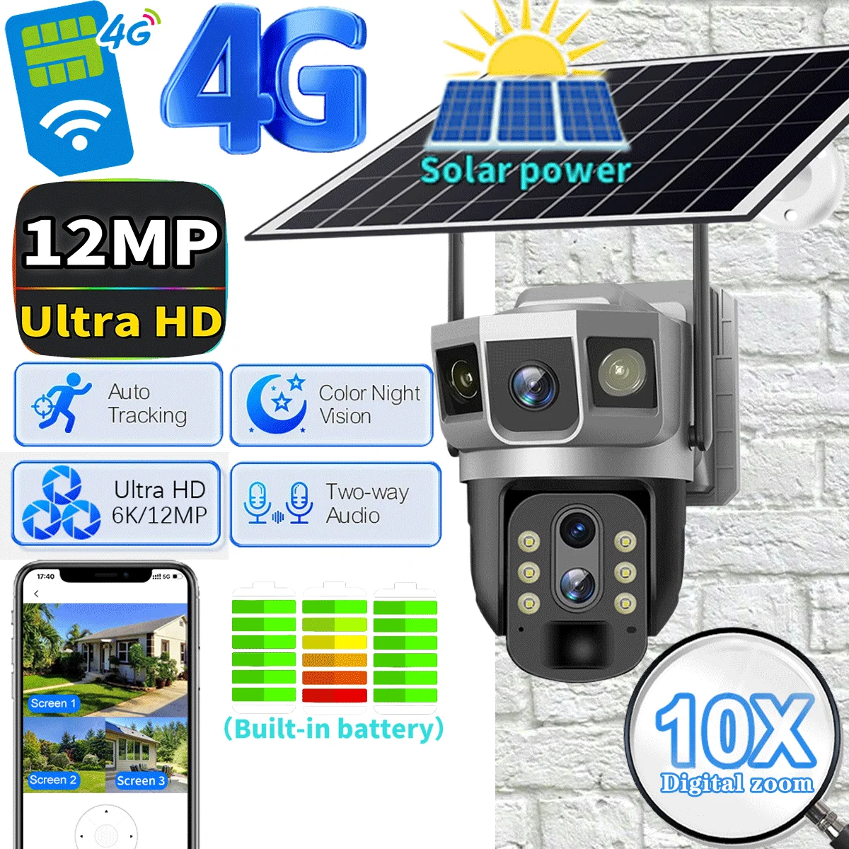 V380 Pro Solar 4G lP Camera CCTV 12MP 10X Digital Zoom Two Lens Three Screen Auto Tracking Outdoor 6K Security Surveillance PTZ