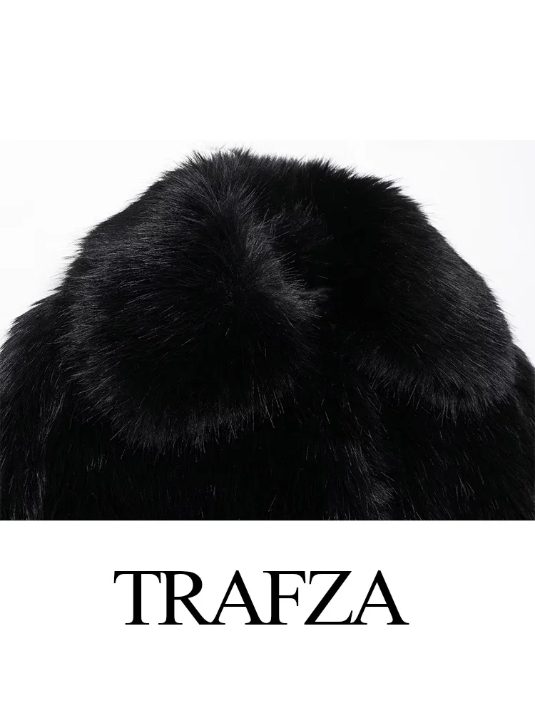 TRAFZA-Manteau Élégant en Fausse Fourrure pour Femme, Veste à Col Rabattu, Manches sulf, Optique Chaude, Noir, Automne et Hiver