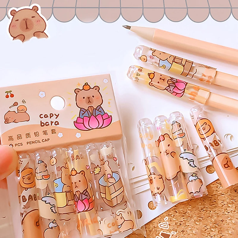 6Pcs Pack Kawaii Capybara Protective Pen Cover Transparent Pencil Cap Aesthetic Stationery Items Back To School Primary Supplies