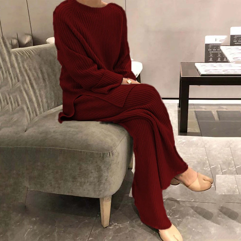 Women Elegant O Neck Loose Sweater and Wide Leg Knitting Trousers Suits Autumn Winter Two Piece Set Vintage Solid Pants Suit