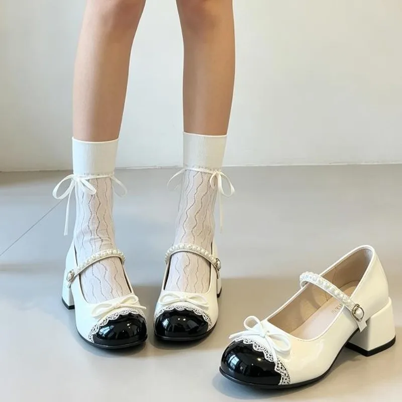 British style bow thick soled Mary Jane shoes womens college style one button round toe versatile single shoes 2026 new item