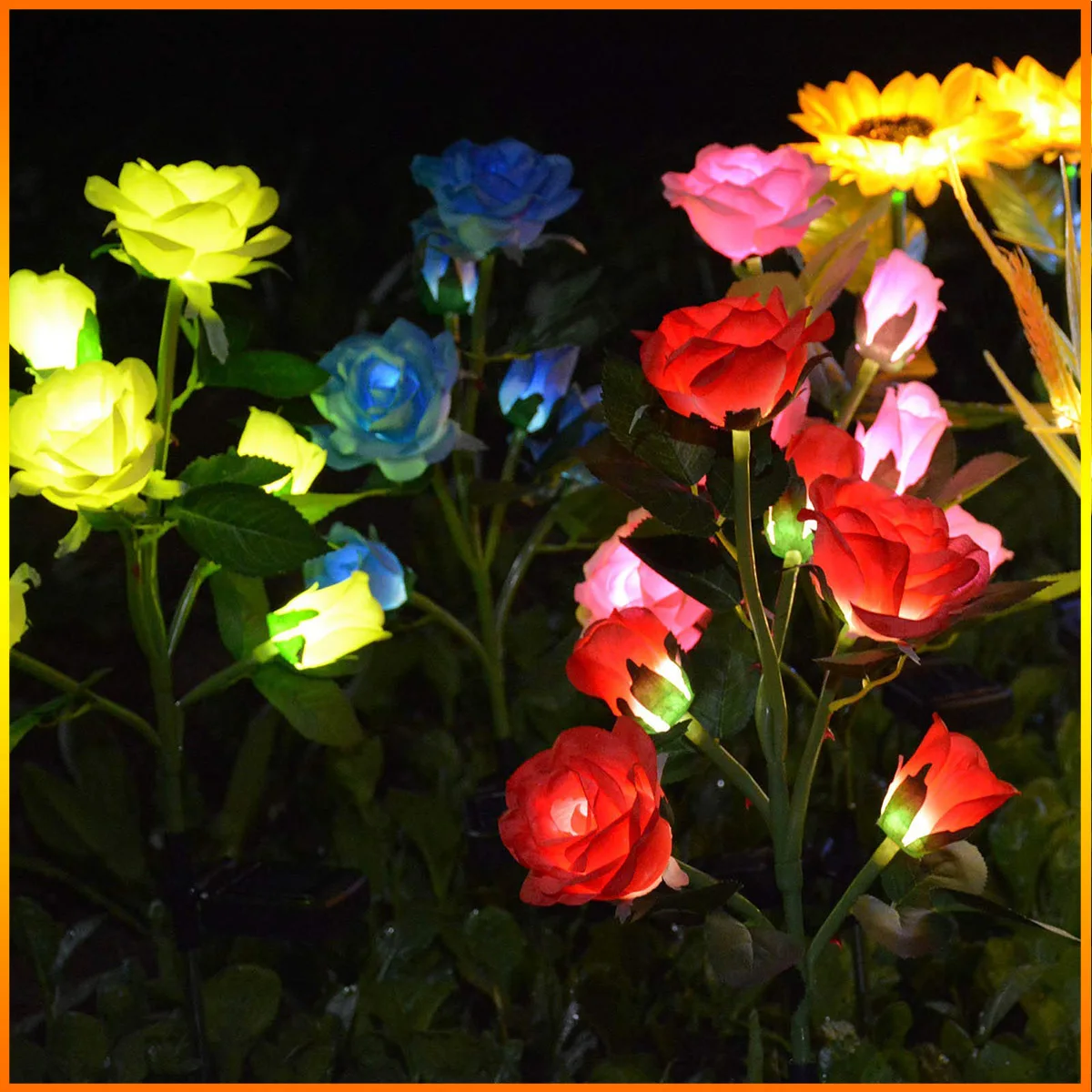 7 heads Garden Solar Decorative Lights Outdoor Waterproof Artificial Rose Flowers Light for Backyard Pathway Step Cemetery Decor