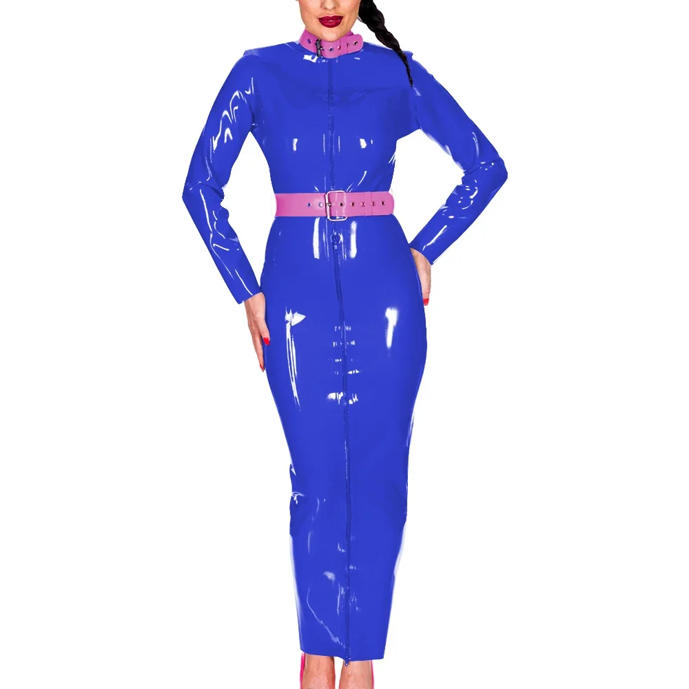 Wetlook PU Leather Women Maxi Dress Exotic Belted Turtleneck Long Sleeve Slim Long Hobble Dress with Fornt Zipper Party Clubwear