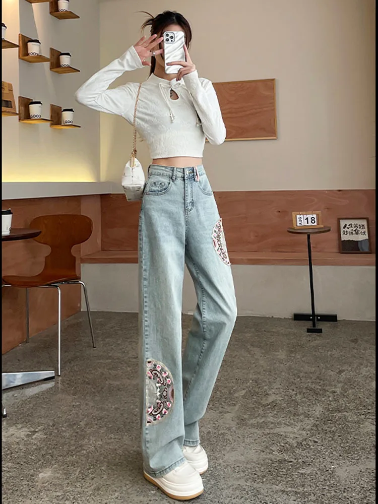 Jean Vintage Bleu Taille Haute pour Femme, Streetwear Brodé à la Mode Américaine, Jambes Larges, Surintendant, Pantalon Baggy Droit Y2K