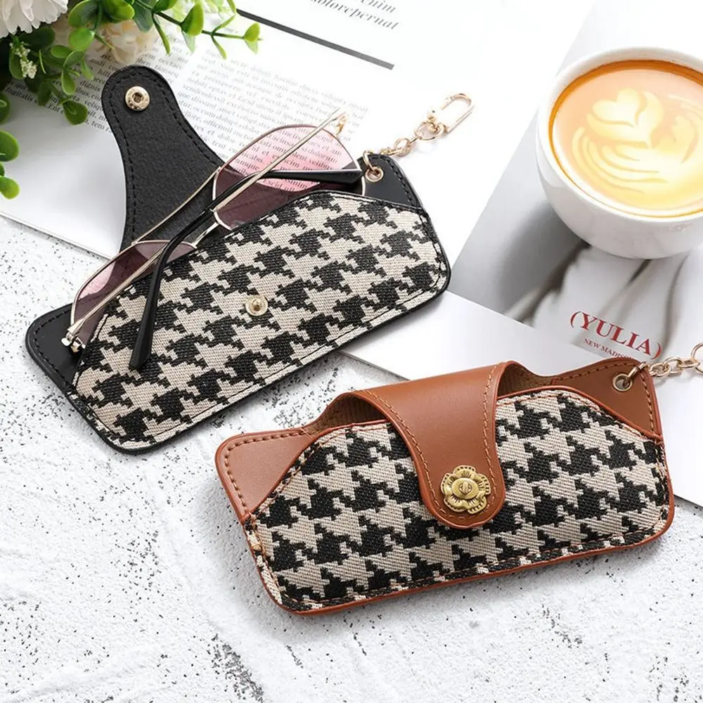 Printing Houndstooth Glasses Bag PU Leather Korean Style Glasses Storage Bag with Hanging Buckle Sunglasses Pouch