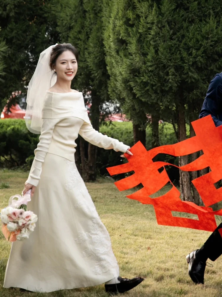 

New Chinese Sle One oulder Knitted Dr Wedding Dr Autumn Winter White Dr Engagement Clothes Two Piece Set