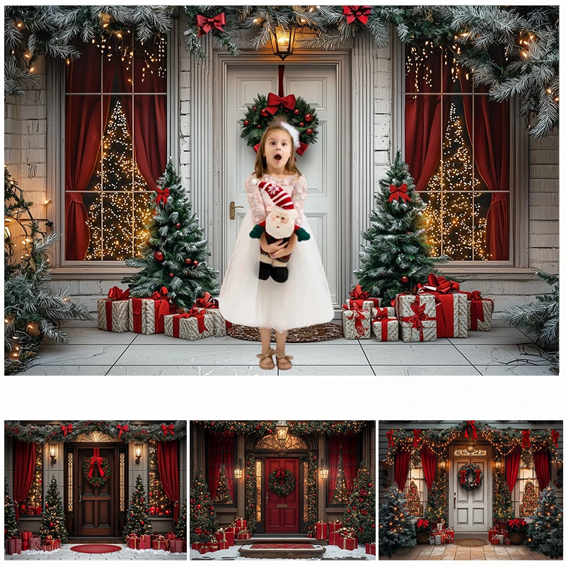 

LS Photography Background Christmas Tree Wooden Door Wreaths Decoration Backdrop Family Kid XMAS Holiday Party Prom Studio