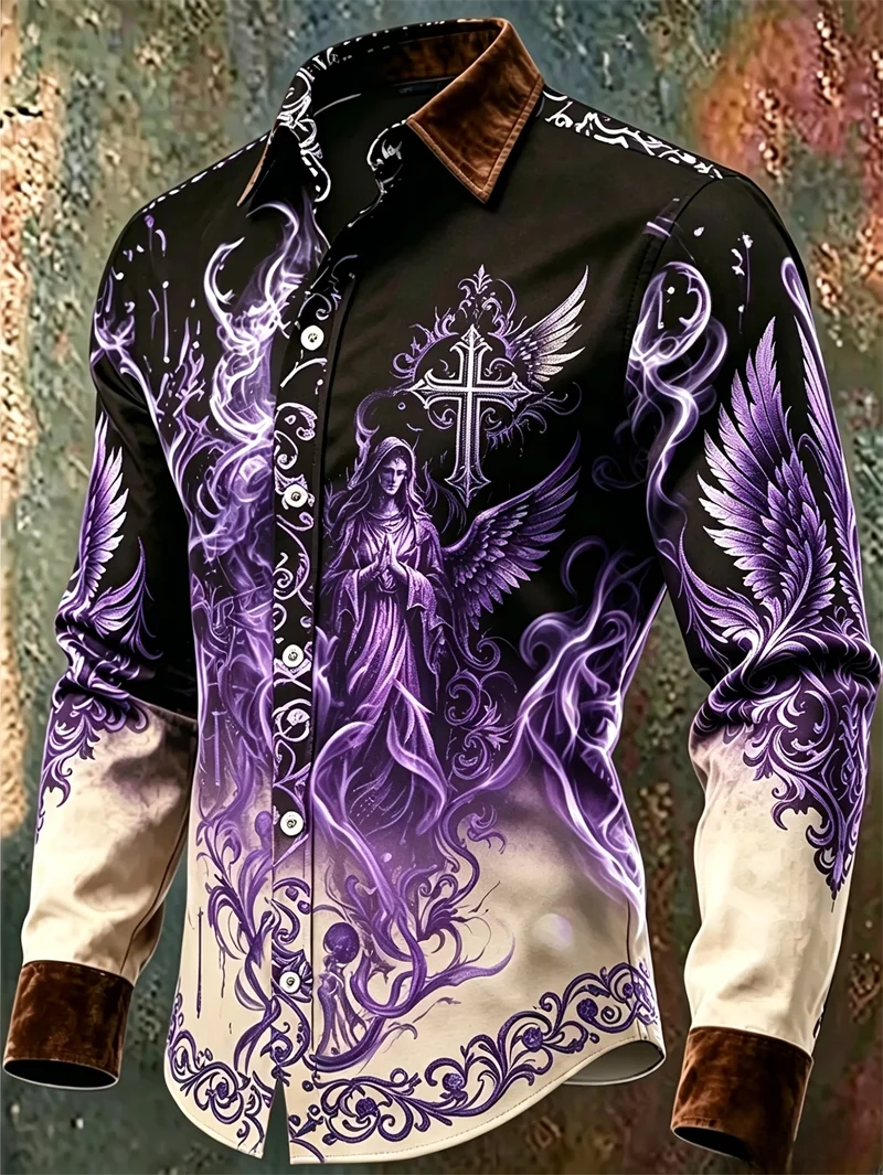New black satin wolf head rose skull print men's long sleeved shirt with dark gothic style casual shirt