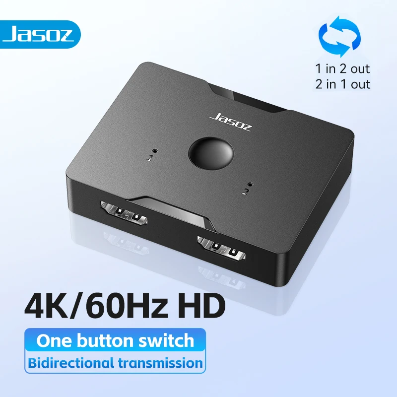 Jasoz HDMI 2.0-splitter, 4K, 60 Hz, bidirectioneel, 2 ingangen, 1 uitgang, voor tv, Xiaomi, Xbox, PS4, PS5, HDMI-compatibele monitor, HDMI-switch.