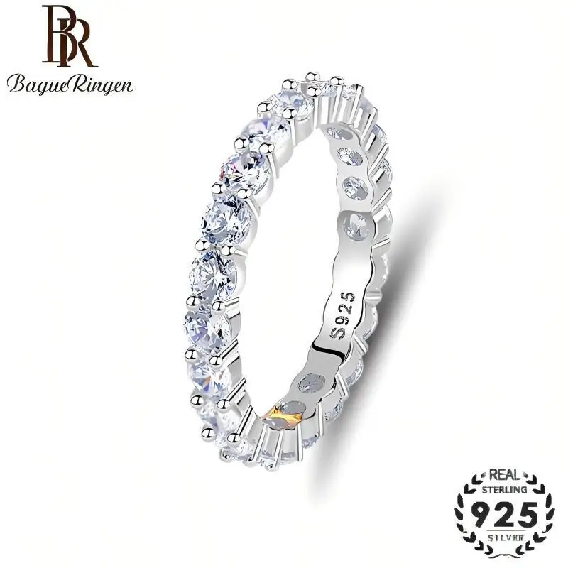 BR S925 Silver Moissanite Stacking Ring High Carbon Full Zircon Minimalist High End Band Women's Jewelry Gift for Her