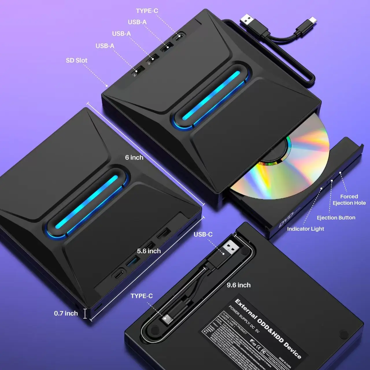 

Seven-in-One Multifunctional USB/Type-C External Optical Drive Mobile DVD Burner with SD/TF Card Reader for Digital Media