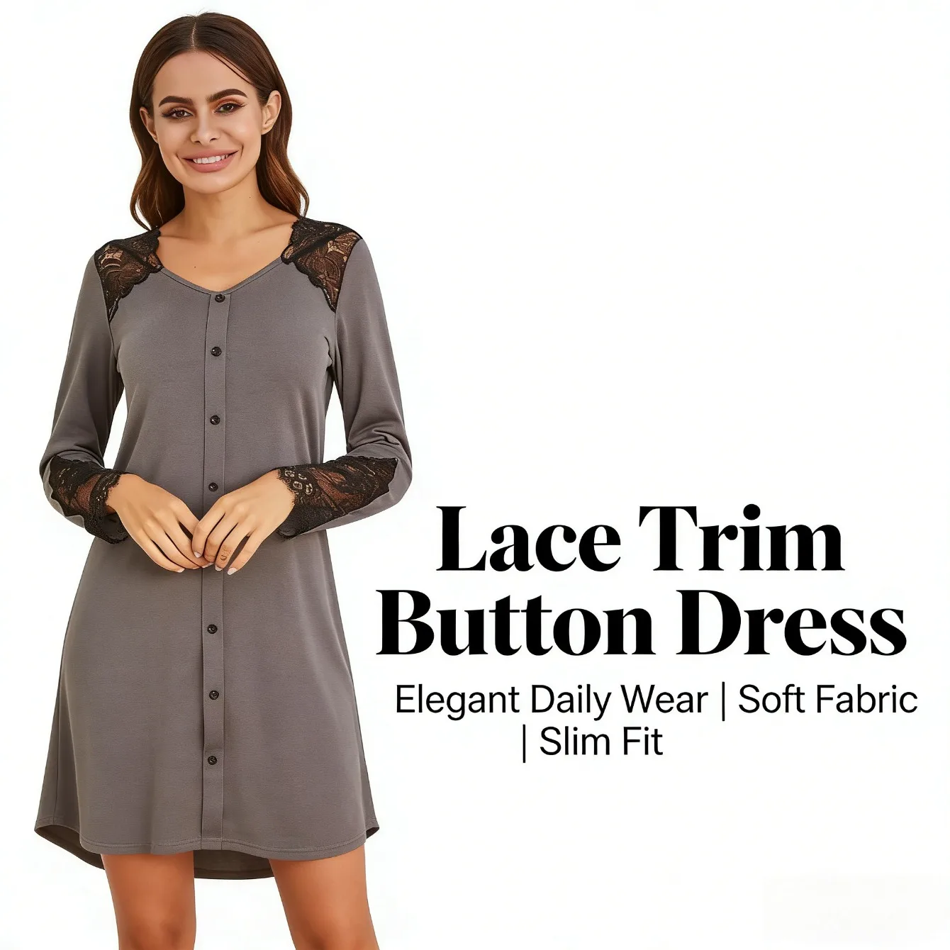 

Autumn and Winter European and American Women's Loungewear Lace Stitched Fake Placket Long-Sleeve Pullover Nightdress Pajamas