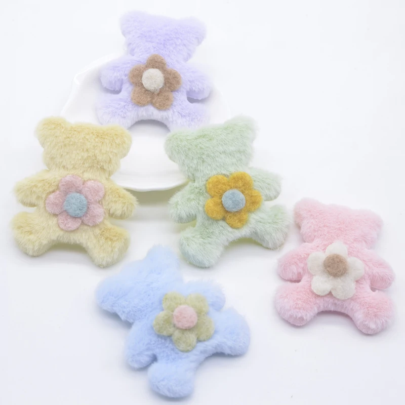 5Pcs Kawaii Padded Plush Bear with Flwoer Appliques for DIY Clothes Hat Shoes Toy Sewing Patches Handmade Headwear Clips Decor