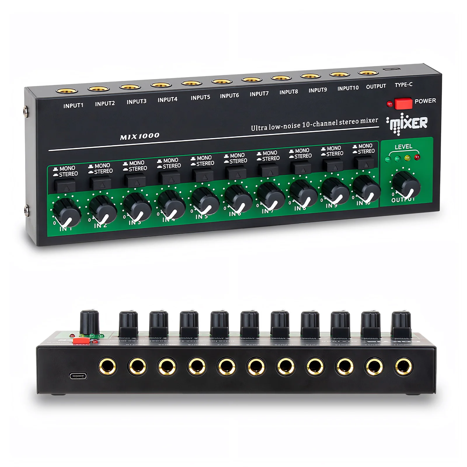 

10 Channels Audio Mixer Portable Ultra Low Noise Stereo Mono Line Mixer 6.35MM Input Audio Processor for Guitar Bass Keyboard