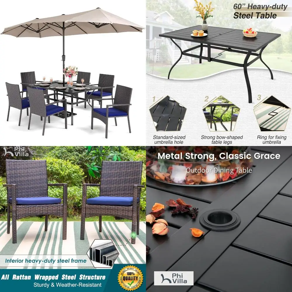 

7-Piece Outdoor Patio Dining Set with Umbrella, 60" Rectangular Metal Table and 6 Cushioned Wicker Chairs in Beige