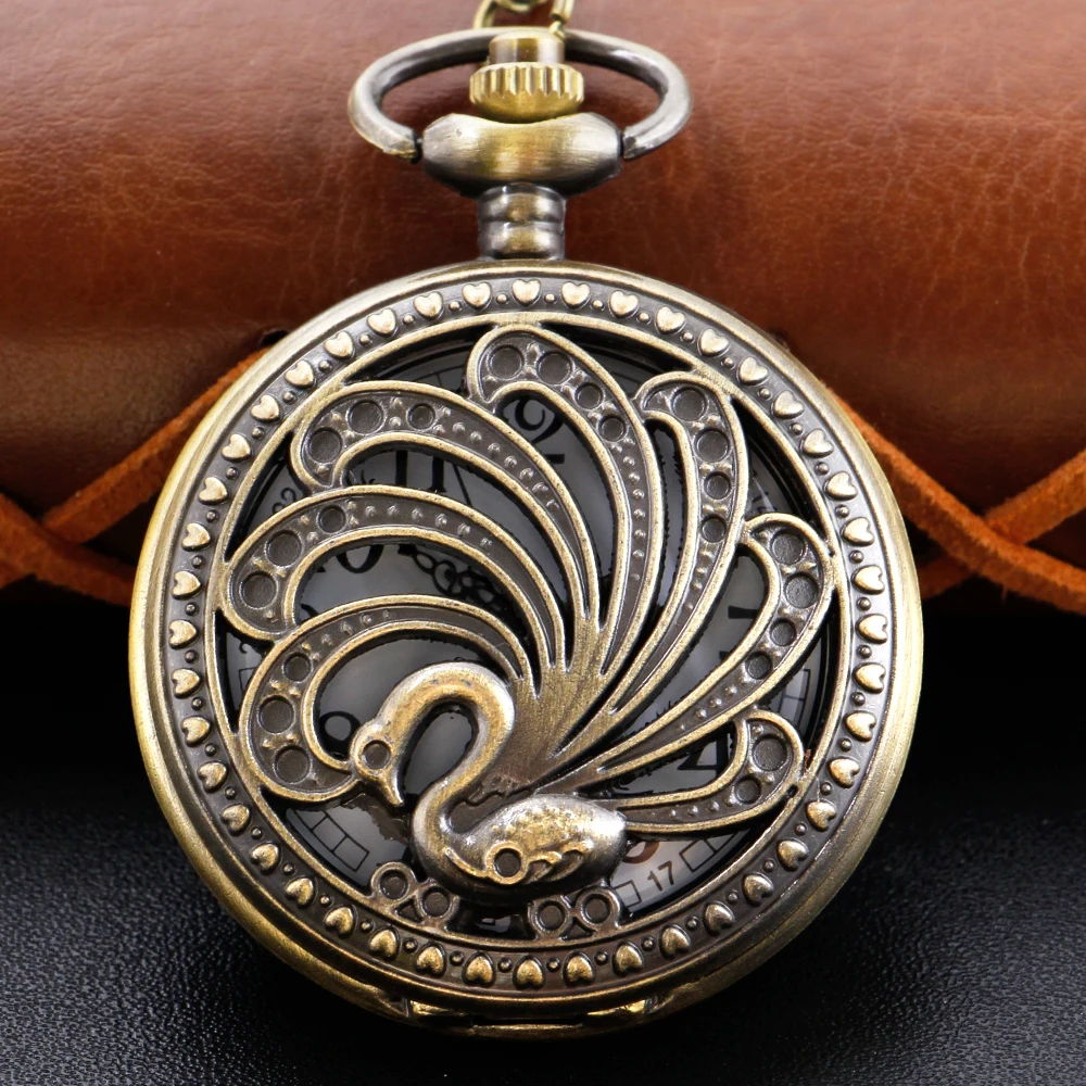 Antique Peacock Animal Bird Hollow Quartz Pocket Watch Exquisite Retro Chain Necklace Pendant Jewelry Clock Gift