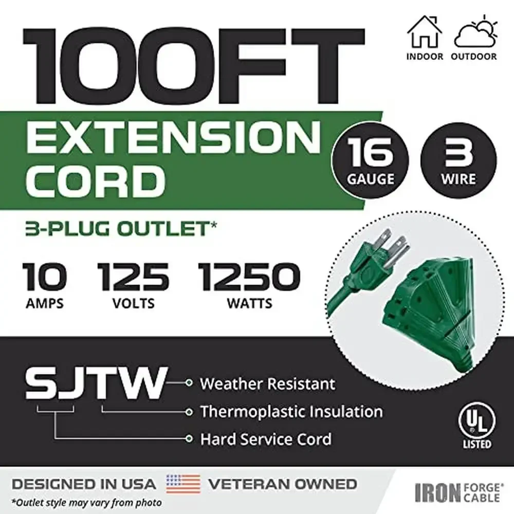 100 Ft Outdoor Weatherproof Green Extension Cord with 3 Outlets Heavy Duty 16/3 AWG UL Certified Long Extension Cord Ideal