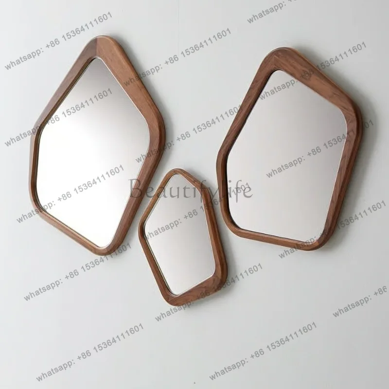

French retro new Chinese geometric wooden mirror black walnut special-shaped living room entrance personalized decorative mirror