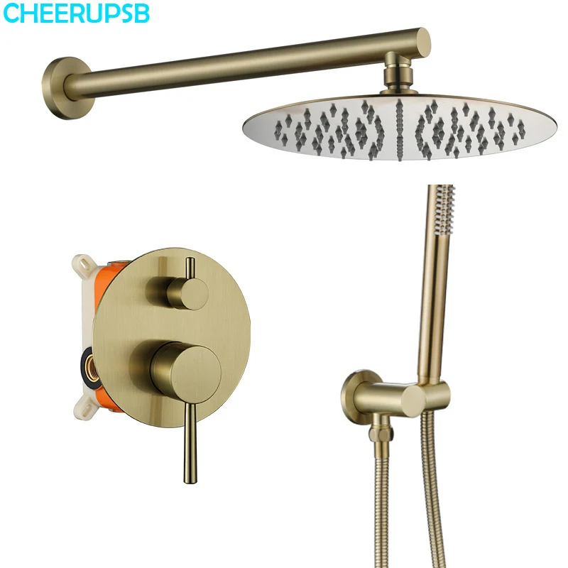 Oculto Mount Brush Gold Rain Shower Set, banheiro, misturador a frio quente, sistema de chuveiro, parede de banheira, chuva SPA, torneiras de luxo