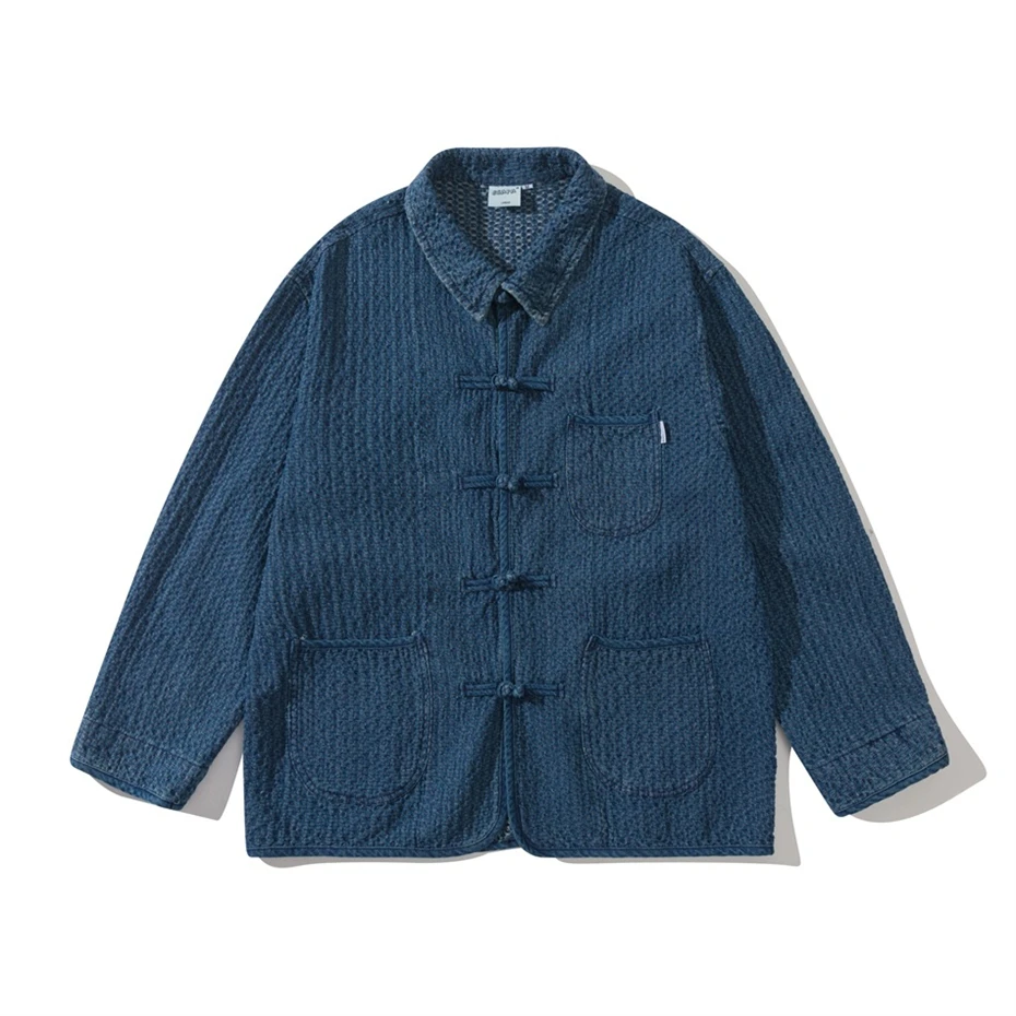 Retro Weaving Denim Jacket Men Women Oversized Harajuku Casual Jeans Jackets Men Chinese Style Disc Buckle Blue Cotton Coats
