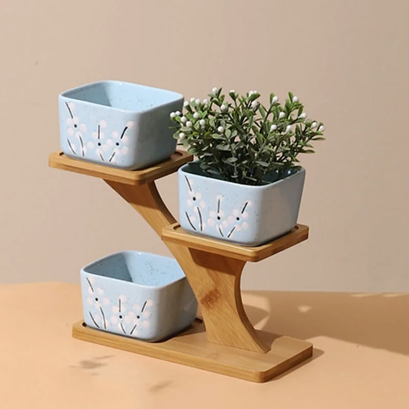 Modern Minimalist White Ceramic Flowerpot Succulent Plant Pot 3 Bonsai Planters with 3-Tier Bamboo Shelf Home Garden Decor