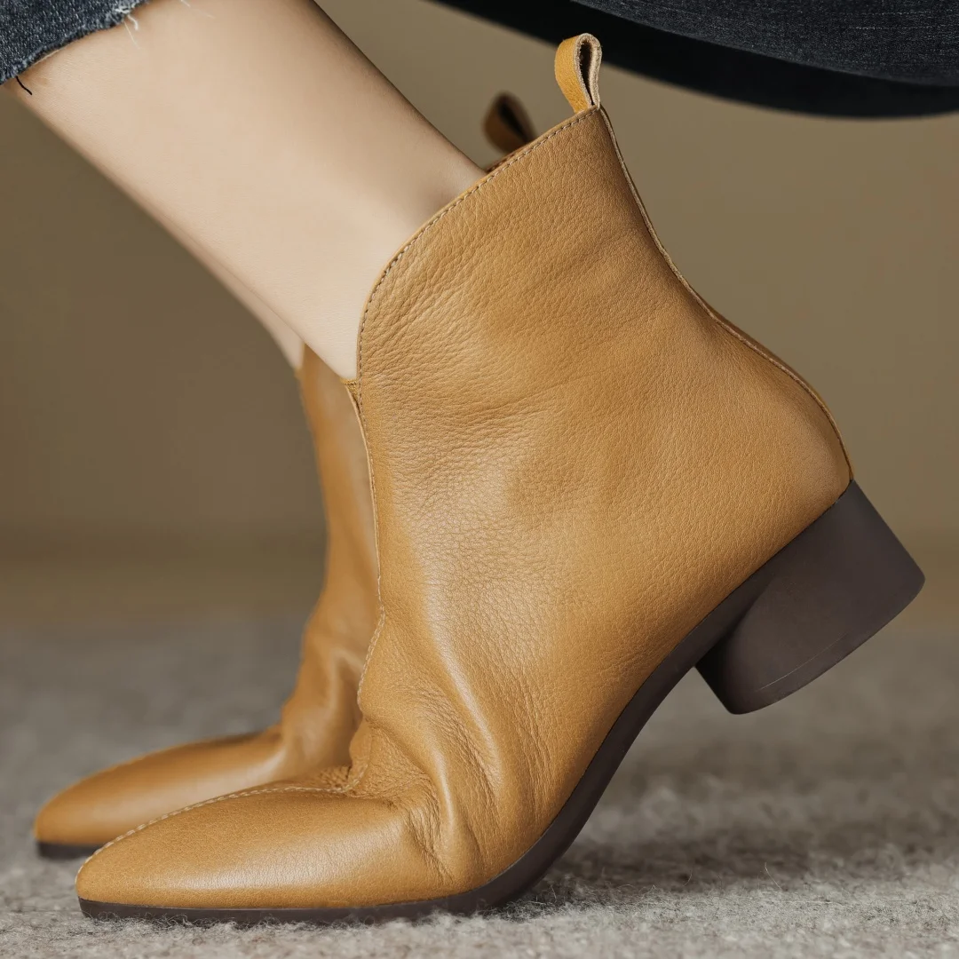 Plus size 34-41 damska skóra bydlęca boczny zamek błyskawiczny 3,5 cm okrągły niski obcas szpiczasty nosek jesienne botki wysokiej jakości miękkie krótkie botki
