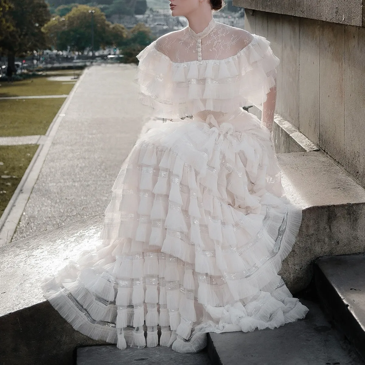 Kwtx primavera verão 2025 vestido de casamento renda em camadas tule cintura-concha elegante vestido de festa de noite designer simples high-end