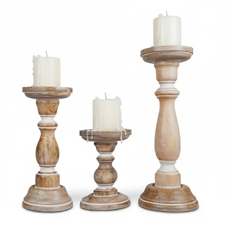 

Wooden Pillar Candle Holders Tuli Design Set of 3 Mango Wood Candlesticks Whitewash Sizes 6 amp 9 amp 12 Decorative Centerpiece