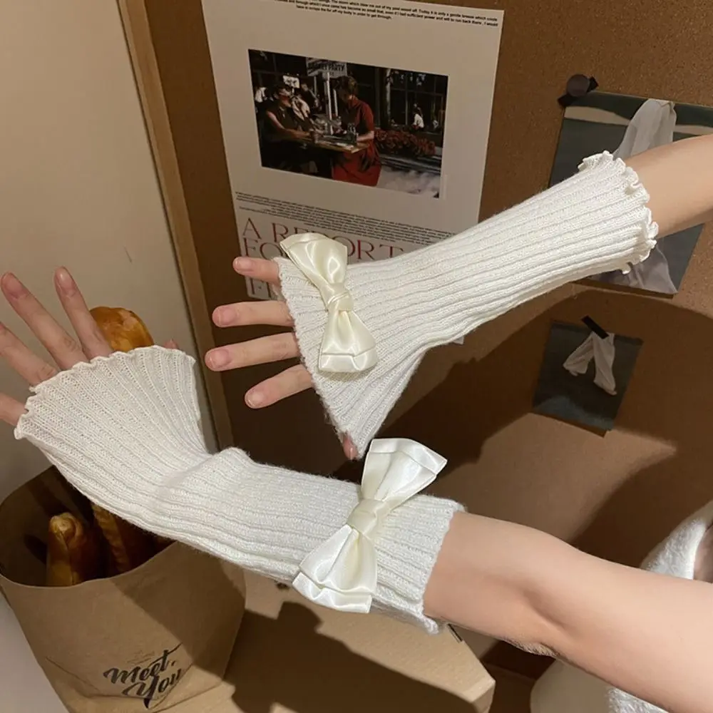 

Simple Solid Color Knitted Bow Gloves Y2k JK Arm Warmers Hand Sleeve Korean Style Fingerless Gloves Winter