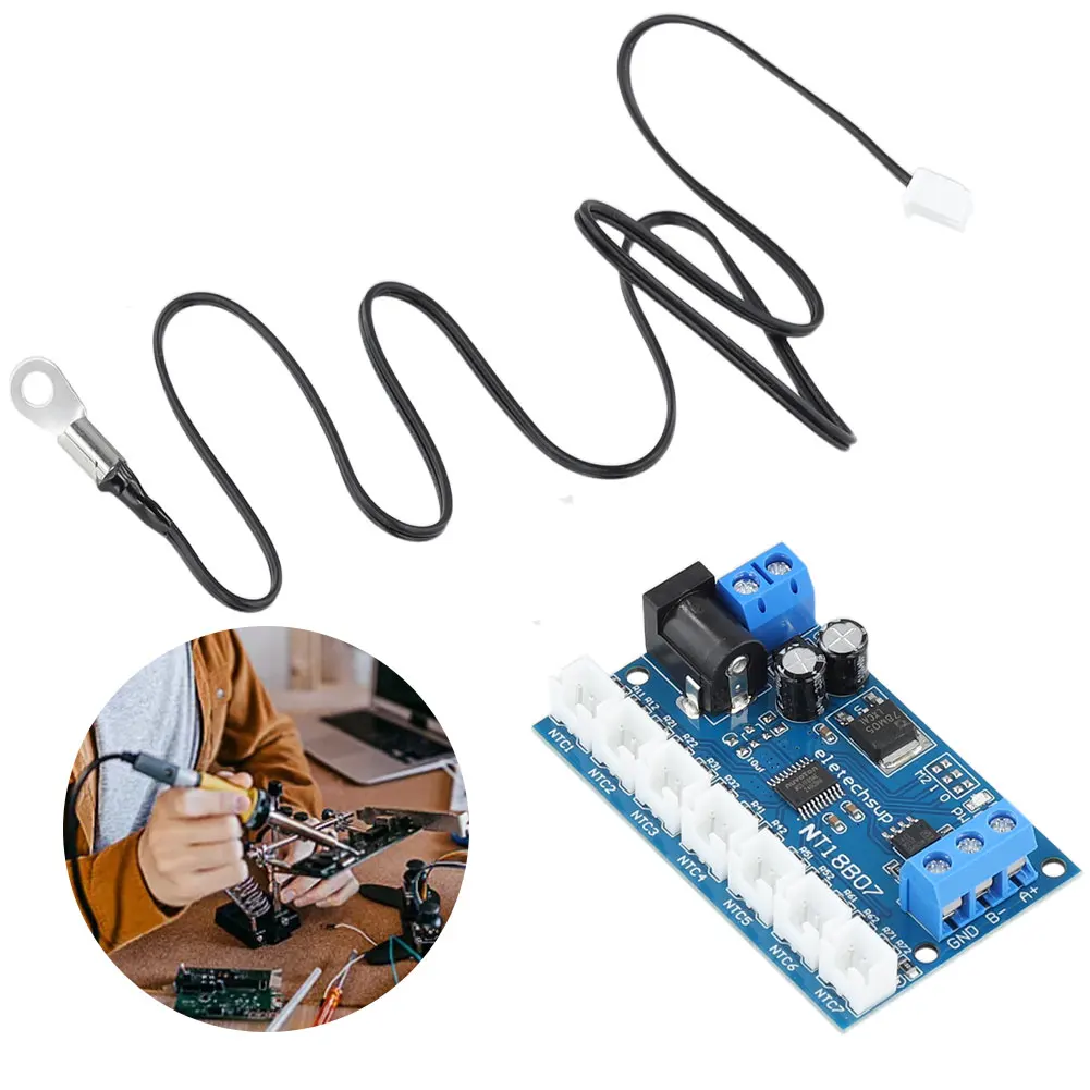 RS485 NTC Thermistor Temperature Sensor DC 12V 7-Channel Modbus Rtu Remote Acquisition Monitoring Module -20℃ To +125℃ for PLC