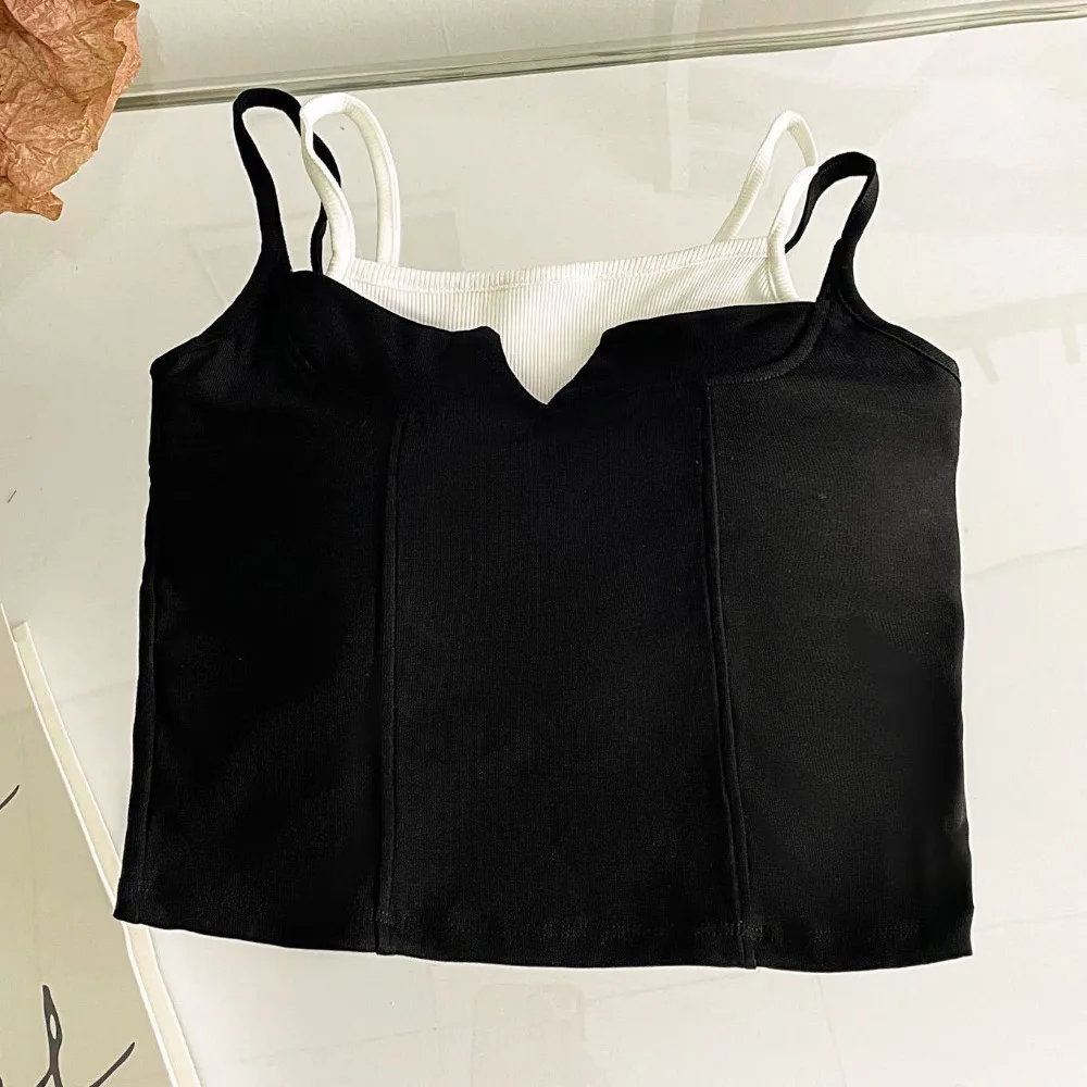 

Sweet Patchwork Fake Two Pieces Camisole Vest Slim Fit Slim Crop Top Sleeveless Korean Style Sweet Girl's Tank Top Lady Girl