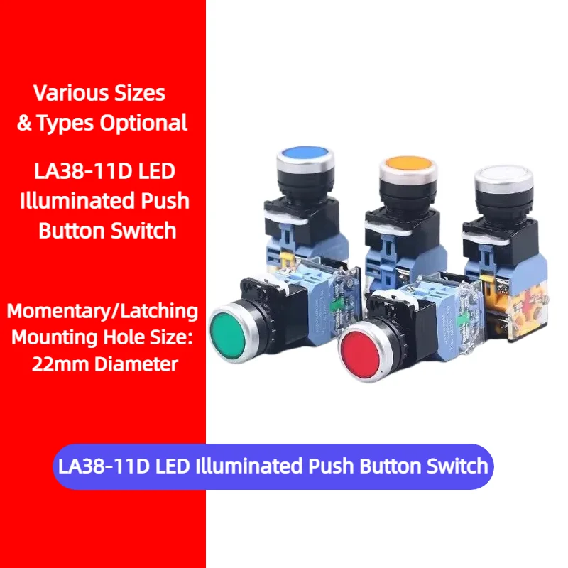 

LA38-11D LED Illuminated Push Button Switch Flat Head Momentary Latching 22mm Red Green Silver Contact for Industrial Control