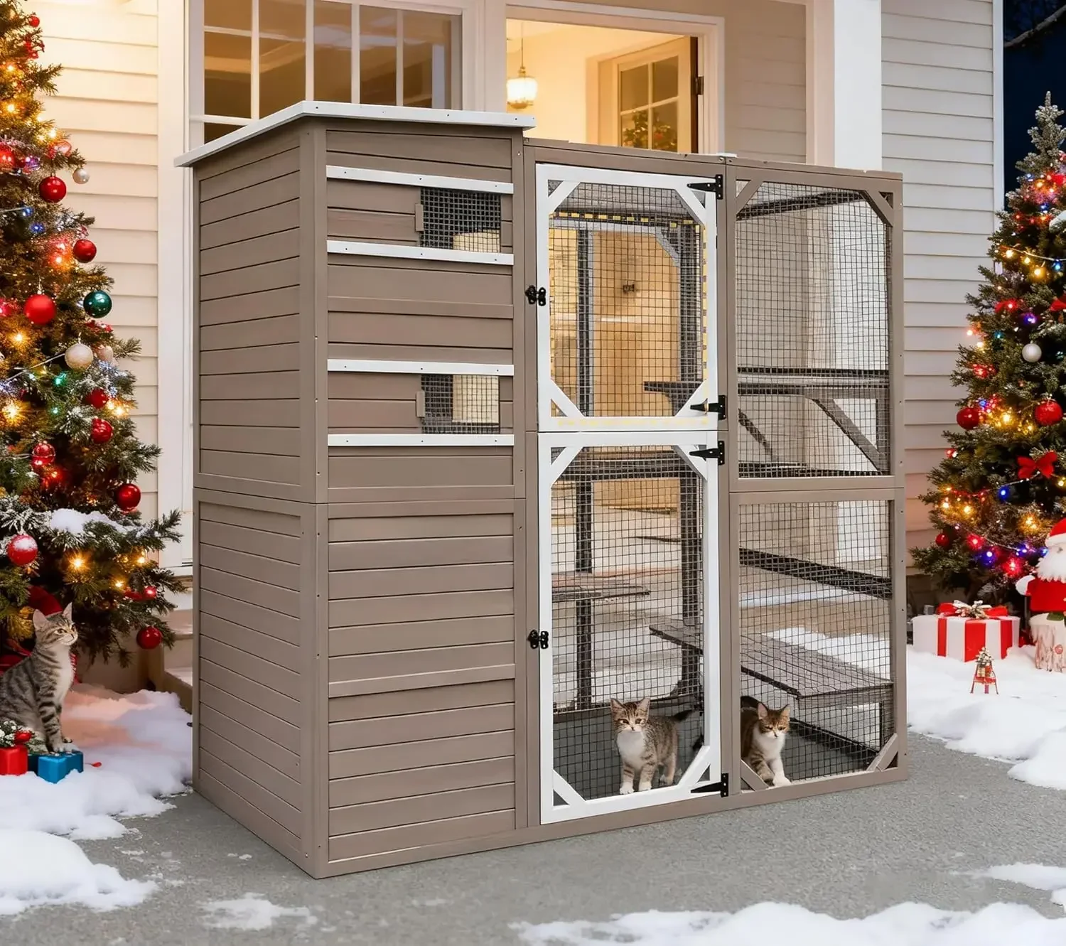 

Large Outdoor Cat Enclosure House Condo Multi-Level Platforms Waterproof Roof Pull-Tray 2 Rest Boxes, Customized