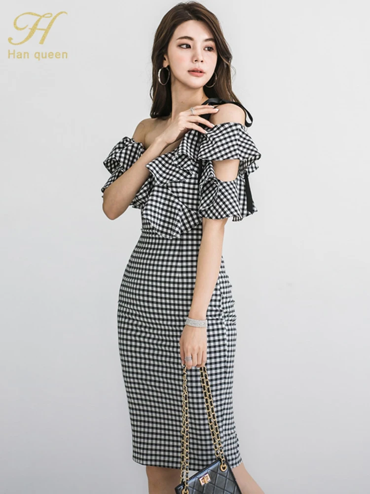 H Han Queen 2024 New Summer Dresses Womens Sexy Slash Neck Retro Ruffles Party Elegant Dress Off The Shoulder Sexy Plaid Vestido