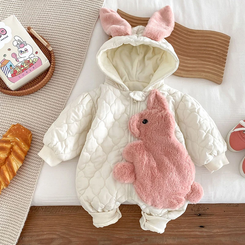 

New Princess Winter Warm Girls Baby Rompers Cartoon Rabbit Infant Thicking Fleece Jumpsuit Toddler Cute Hooded One Piece Outwear