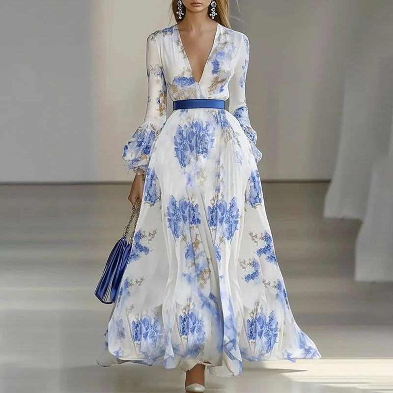 Donna Chic Stampa floreale Boho Abiti lunghi Primavera Manica a farfalla Vita alta Abito da ballo Sexy scollo a V Vacanza Maxi Dress Vestidos