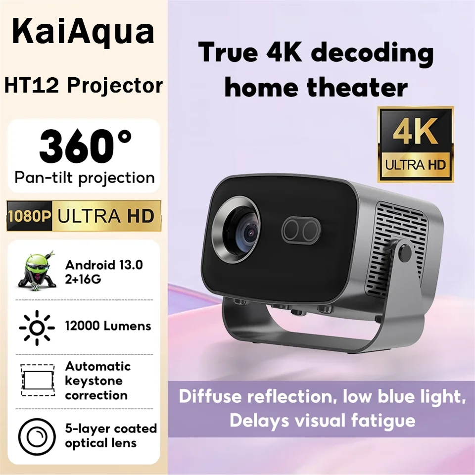 Proiettore nativo KaiAqua 360 °   Ruota 1080P Supporto nativo 4K Messa a fuoco automatica Smart portatile wireless Wifi 6 Android 13 Home Cinema TV