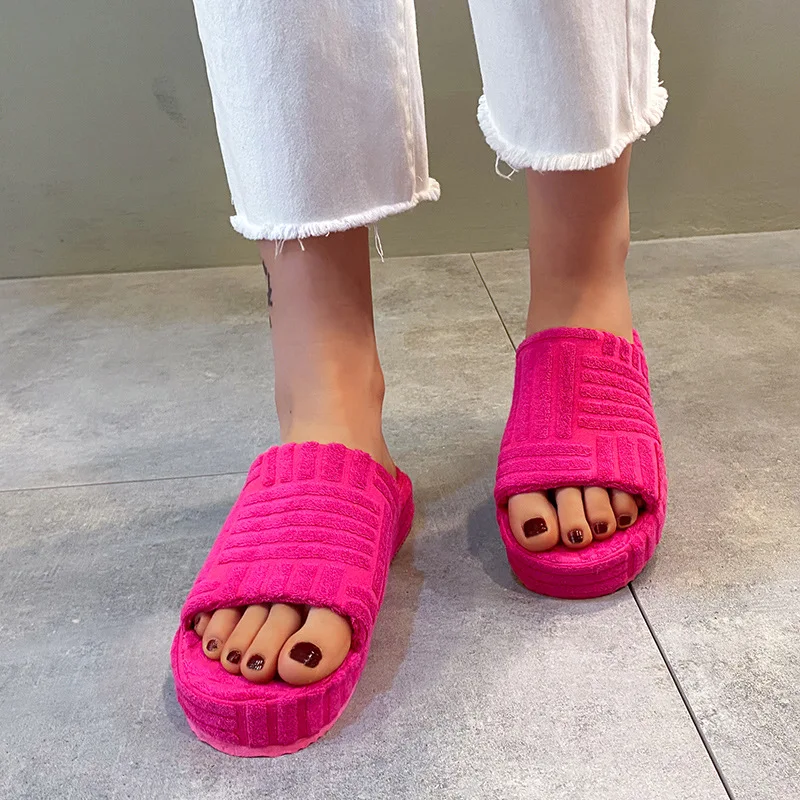 2022 women new home slippers one-word thick-soled warm furry women shoes embossed cotton drag outdoor all-match casual slippers