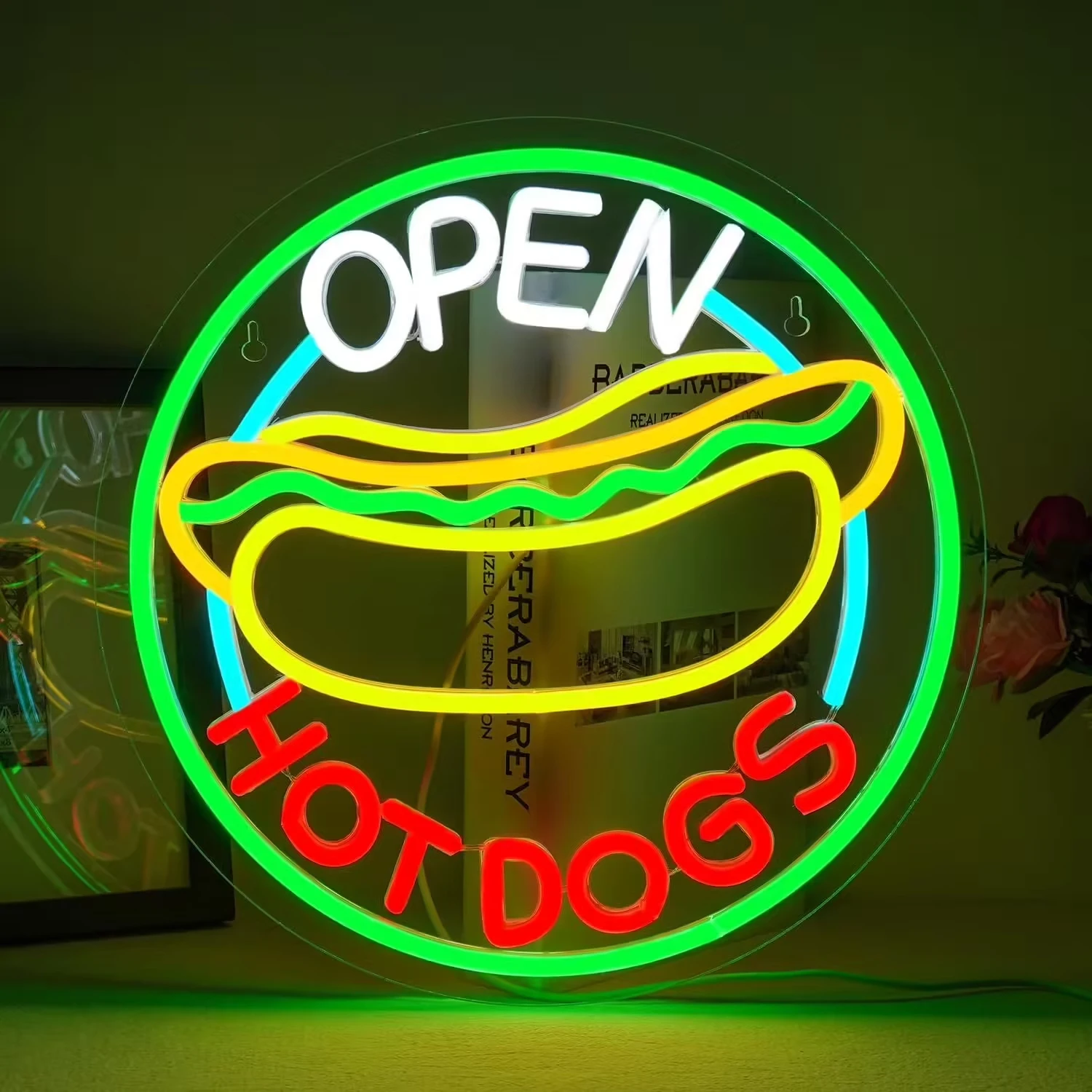 

Open Hot Dogs Neon Sign - LED Restaurant Wall Decor - Dimmable USB 5V2A - Fast Food Shop, Diner, Bar Decor - Retro Vintage Style