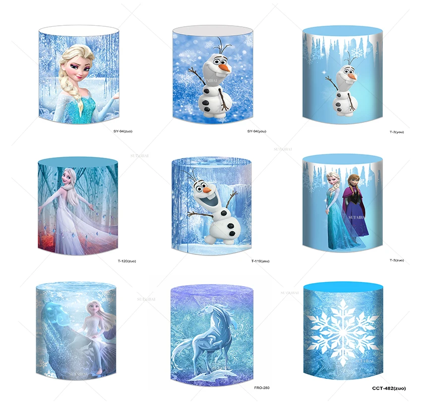 

Frozen Princess Snow Elsa & Anna Winter Cylinder Cover Photo Backdrop Fairy Tale Castle Background Circle Pillar Plinth Covers