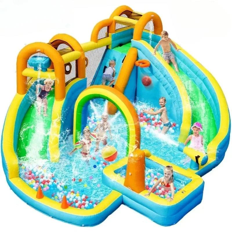 

Inflatable Water Slide, Bounce House, Park with Splash Pool, Basketball Hoop, Ball Shooting for Backyard, Outdoor Indoor