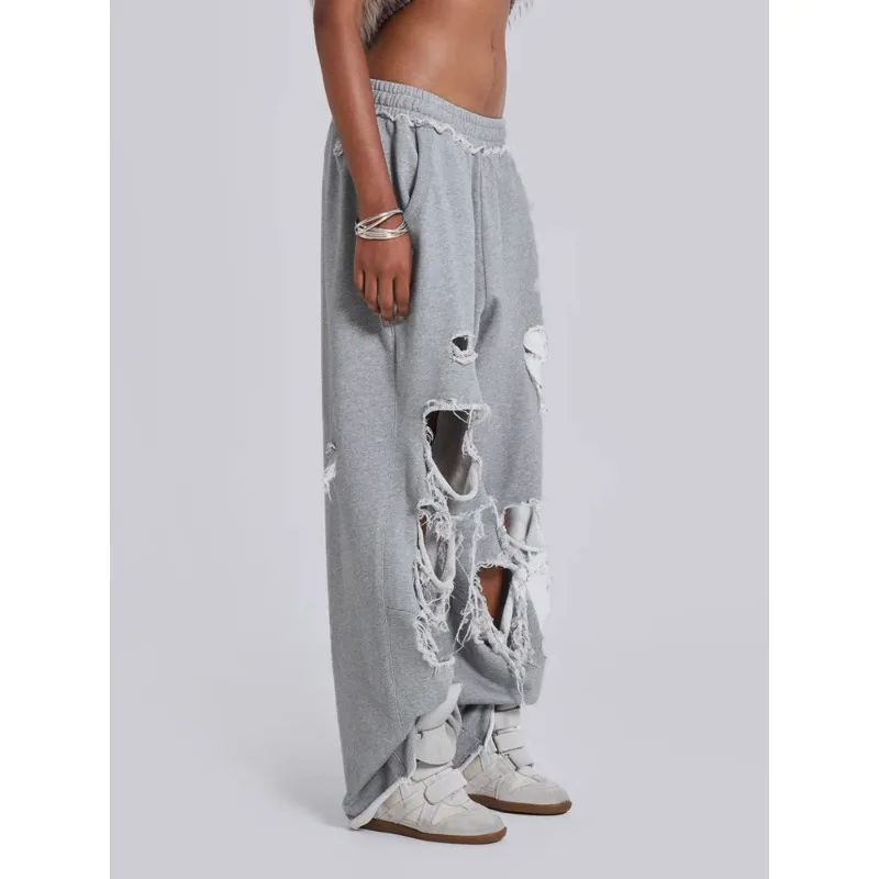 Deeptown Y2k Gray Hole Women Pants Jogging Wide Leg American Retro Hip Hop Sweatpants Solid Color Baggy Casual Streetwear Summer