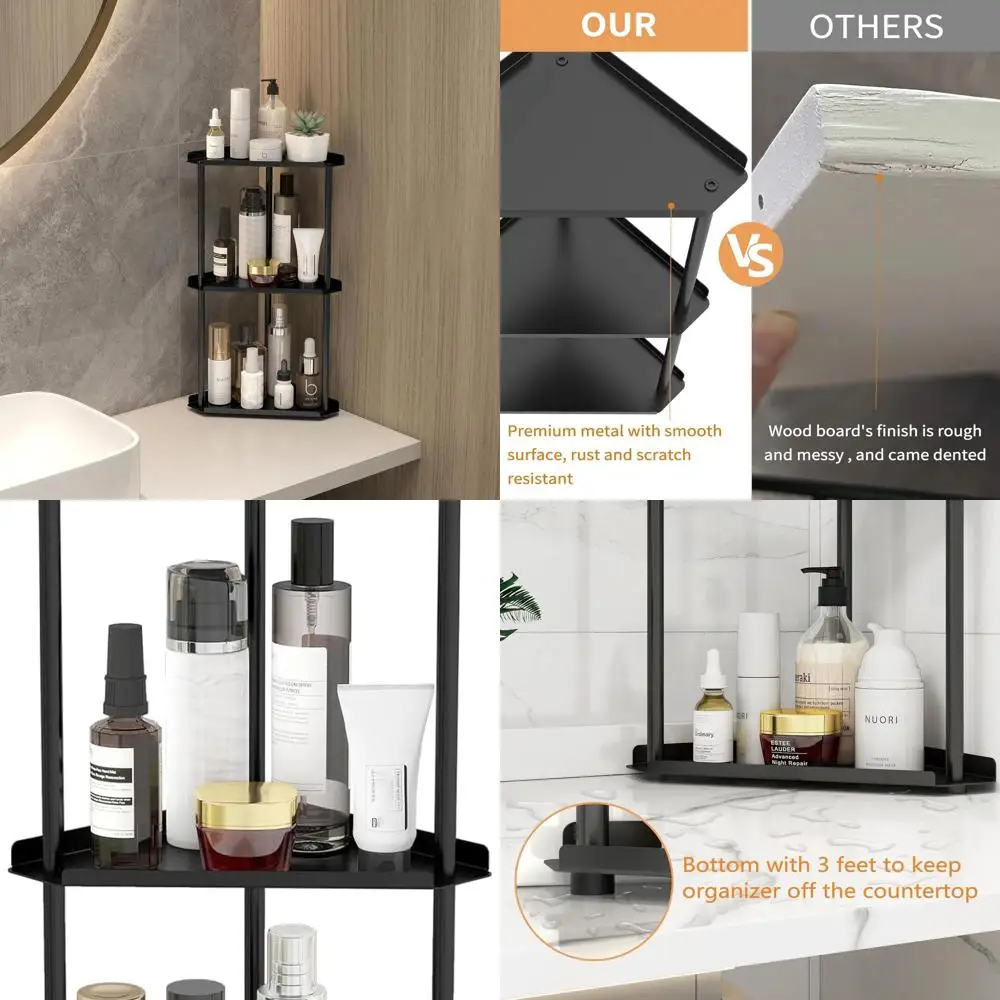 

Угловой органайзер для туалетного столика для ванной и кухни, 3-уровневая полка для хранения, черный, идеально подходит для ухода за кожей и макияжа