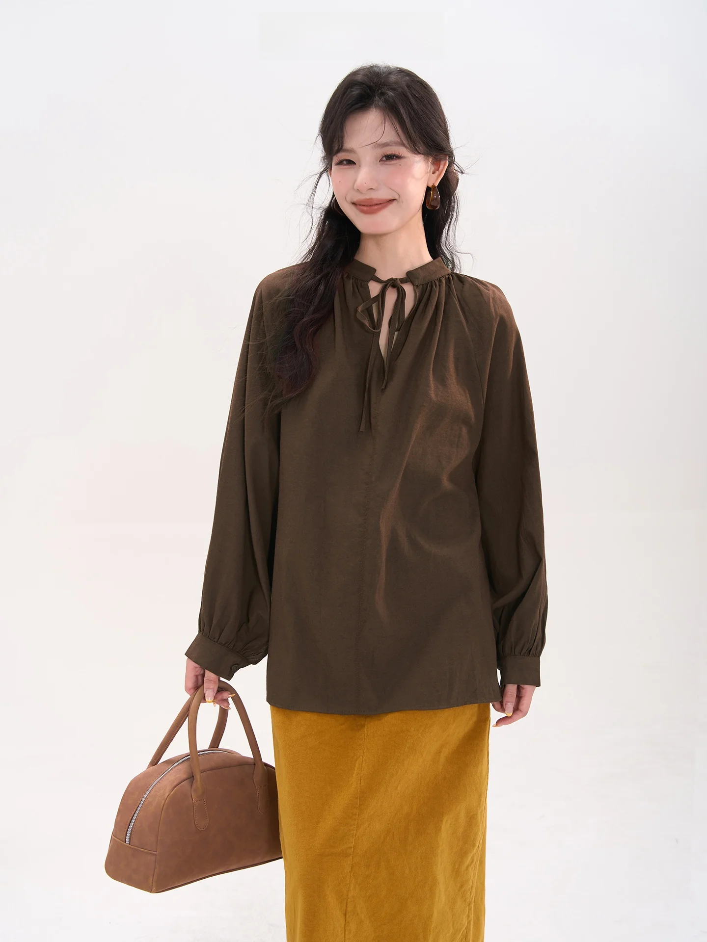 

Versatile Simple V-ne Belted Cover up irt Women's Early Autumn Breathable Skin-friendly Cotton Lyocell Nylon Blend Long S...