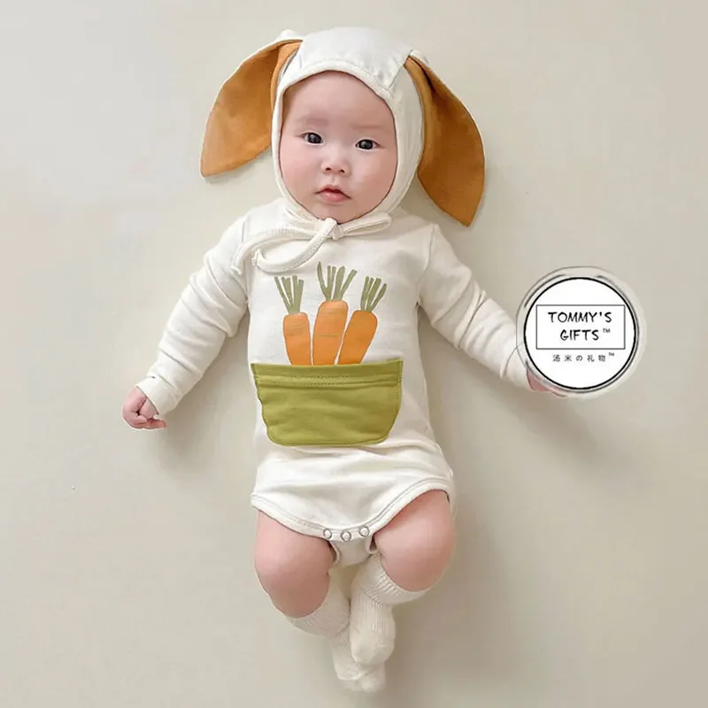 Infant Baby Boys Girls Romper Bunny Costume Bodysuit Long Rabbit Ear Carrot Print Pocket Photography Easter Birthday Fancy Dress