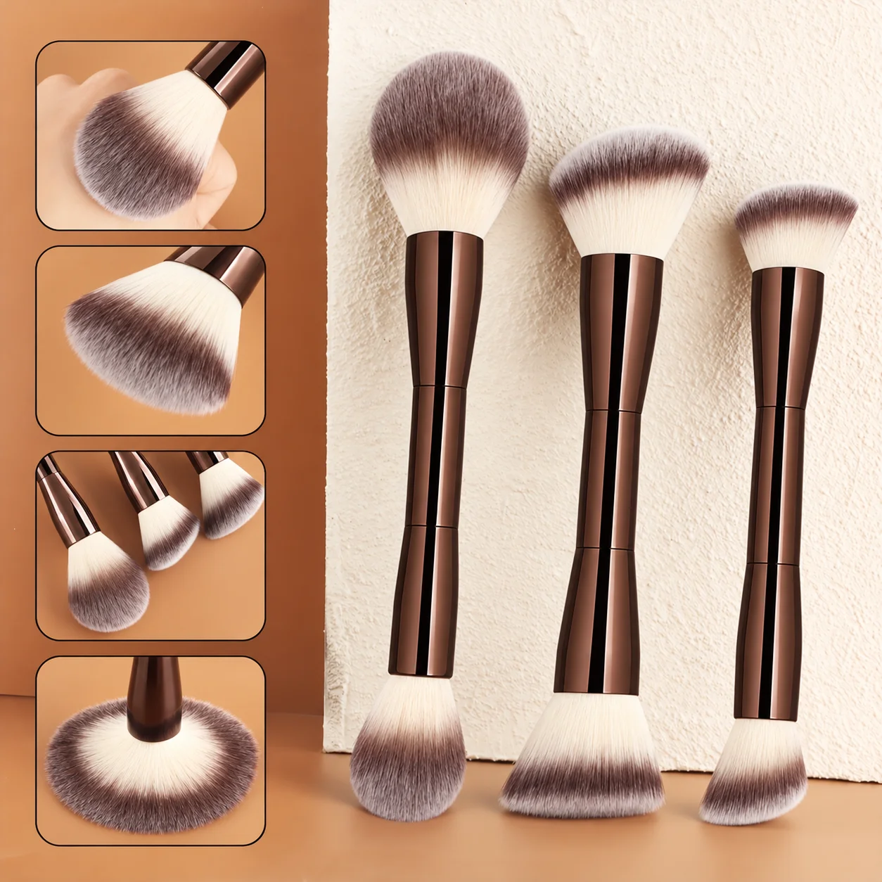3pcs Coffee Brown Dual-Ended 2-In-1 Professional Makeup Brush Set with ABS Anti-Drop Handle, Multi-Functional Travel-Friendly