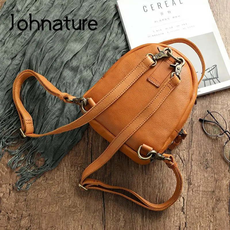 Johnature Handmade Vintage Genuine Leather Bagpack Women Backpack 2024 New Leisure Soft Cowhide Solid Color Travel Bag