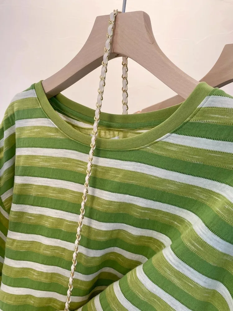 루즈핏 여성용 스트라이프 여름 디자인 감각적인 코튼 캐주얼 라운드넥 탑