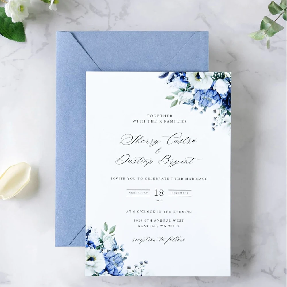 

50 шт., 250 г/м2, индивидуальная свадебная пригласительная открытка с принтом, 5x7 дюймов, свадебные открытки XV с конвертом пыльно-синего цвета 120 г/м2, IC102