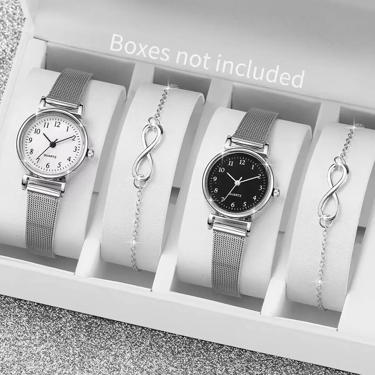 4PCS/Set Fashion Silver Mesh Band Women Watches Small Arabic Dial Quartz Watch Bracelets Set（Without Box）